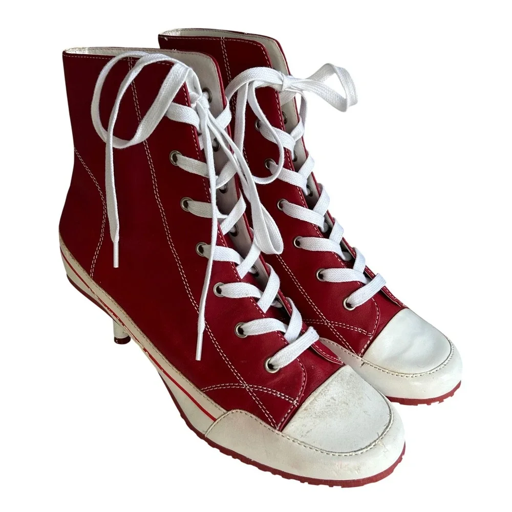 Y2K Steve Madden Kitten Heel High tops size 8.5 Red Leather Boots Streetwear - Picture 3 of 13